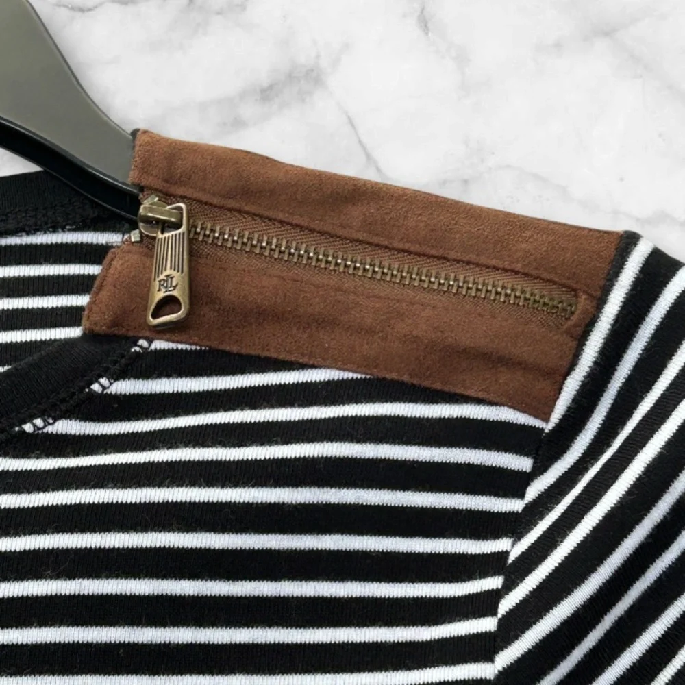 Lauren Ralph Lauren Black White Striped Top Suede Elbow Patches and Accents Sz M - Picture 9 of 15